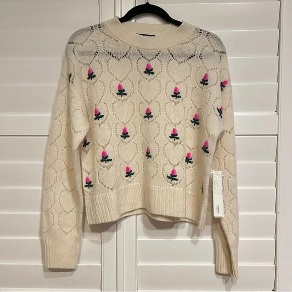 Aqua Cashmere Tulip Floral Embroidered Cashmere Sweater Cream/Pink Size Small - Picture 4 of 9